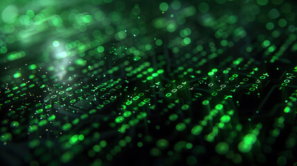 Abstract background with glowing green numbers and bokeh lights. Random digits and letters abstract, technology concept. Cyberspace, computer programming, information coding.