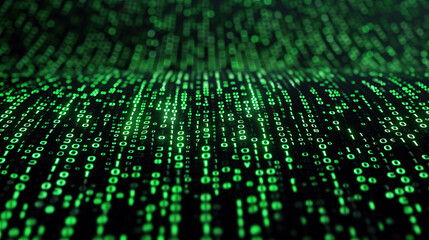 Dark background with lines of green glowing binary code, one and zero digits. Numbers abstract, technology concept. Cyberspace, computer programming, information coding.