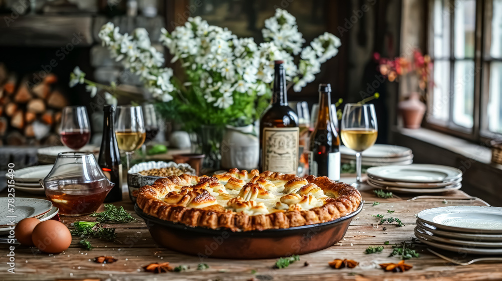 Poster a table with a large pie and a bunch of apples. the table is set for a meal with a variety of dishes