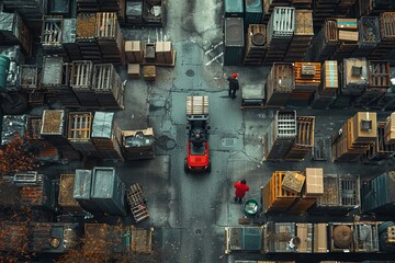 A truck driving through city streets from aerial view