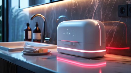 Elegant Robotic Soap Dispenser with Luminous Red Accents in Striking D Visualization