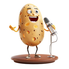 Close-up image of a potato on a stand with a microphone, focusing on details and textures Isolated on transparent