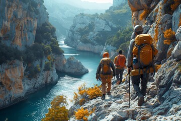 Three hikers with backpacks on coastal cliff, admiring water below - obrazy, fototapety, plakaty