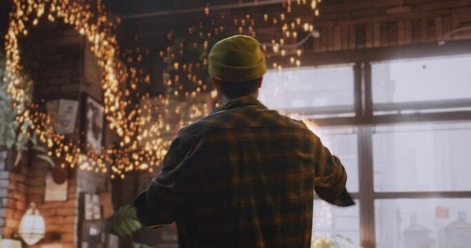A Man Standing In A Room With A Window And A String Of Lights Construction Site Photorealism Manufacturing