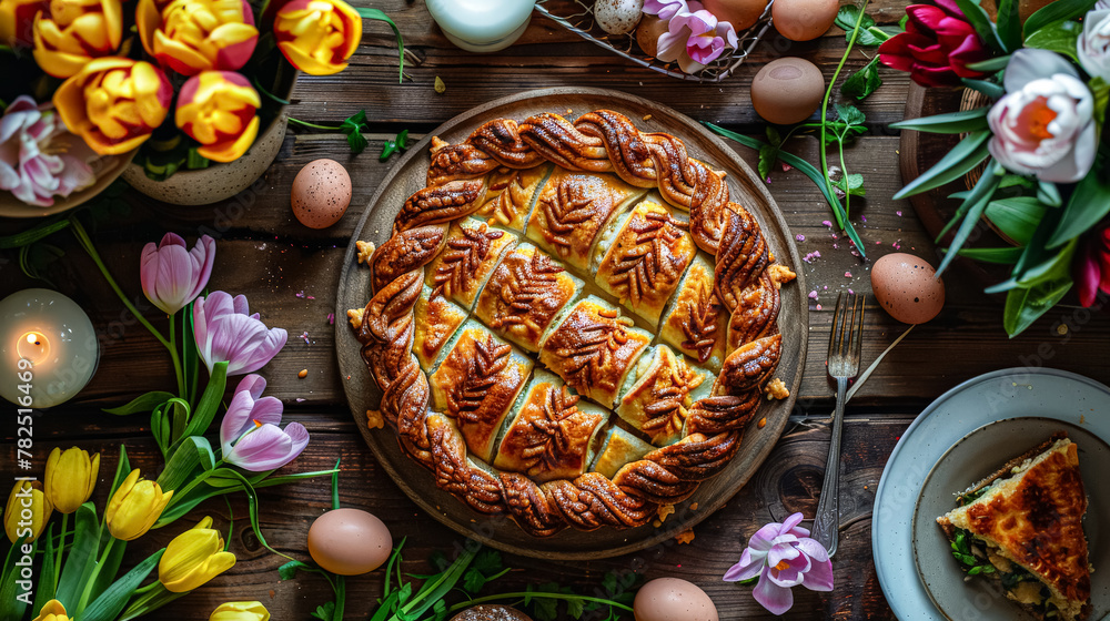 Poster a table with a large pie and a bunch of apples. the table is set for a meal with a variety of dishes