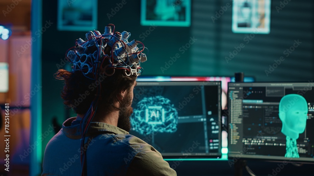 Poster engineer with eeg headset on programming brain transfer into computer virtual world, merging with ar