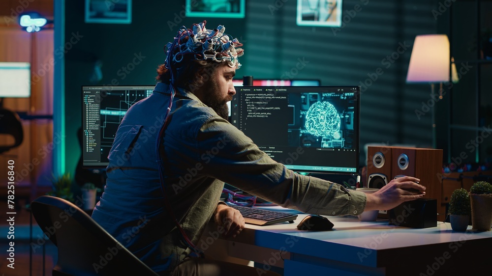 Aufkleber it expert using eeg headset and machine learning to upload brain into computer, gaining immortality.