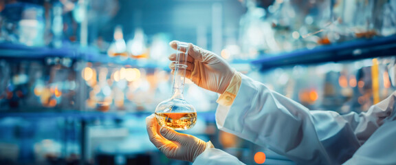 A chemist examining a flask with a golden liquid, depicting pharmaceutical research and chemical analysis. Ogranic bio cosmetics from natural ingredients. Banner. Copy space