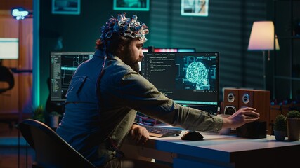 IT expert using EEG headset and machine learning to upload brain into computer, gaining immortality. Computer scientist develops AI experiment, inserting his persona into cyberspace, camera A - obrazy, fototapety, plakaty