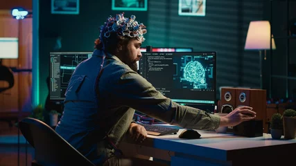 Poster IT expert using EEG headset and machine learning to upload brain into computer, gaining immortality. Computer scientist develops AI experiment, inserting his persona into cyberspace, camera A © DC Studio