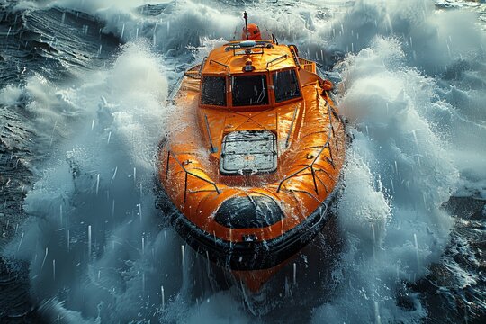 A lifeboat navigates the fluid landscape of a large body of water