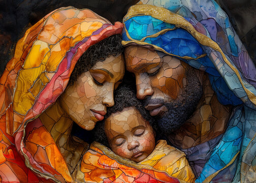 African American Art Nativity Scene Family Closeup Portrait Virgin Mary, Father Joseph, Christ Child 