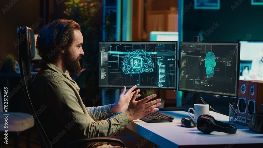 Poster pleased programmer proud of making sentient artificial intelligence ask existential questions. satis