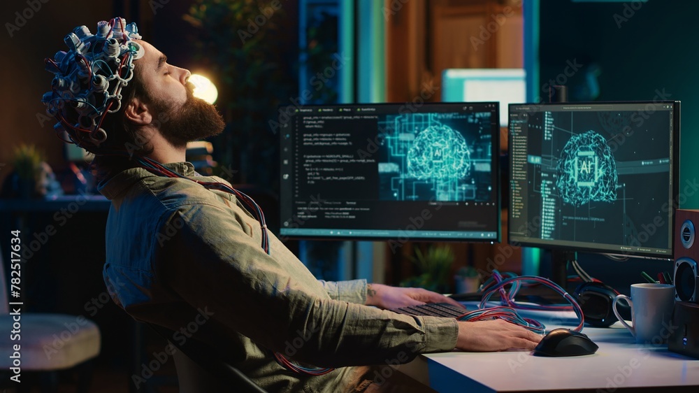 Poster engineer uploading brain into cyberspace, entering trance, becoming godlike. transhumanist merging m