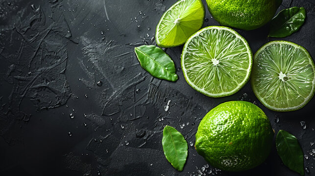 A cafe banner photo of green color lime slices and leaves in black textured background with water drops on it
