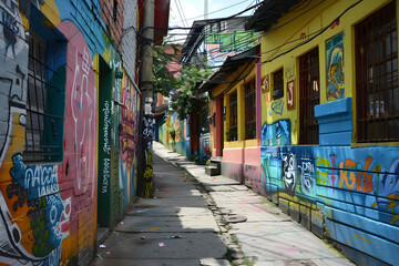 Naklejka premium Urban alley with colorful graffiti