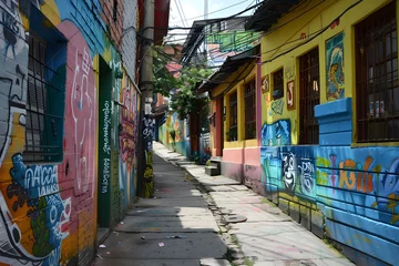 Poster Urban alley with colorful graffiti © Erick