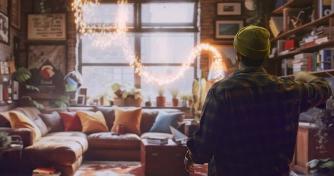 A Man Standing In A Living Room Looking Out The Window At A Couch Living Room Photorealism Smart Homes