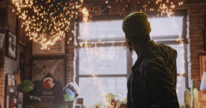A Man Standing In Front Of A Window With A Christmas Light Warehouse Photorealism Computer Graphics
