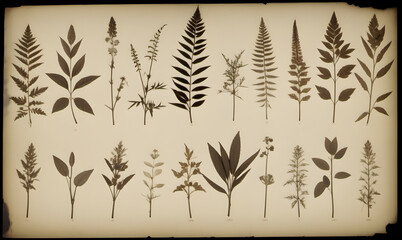 Vintage drawings of plants on old yellowed and stained paper. - 782518206