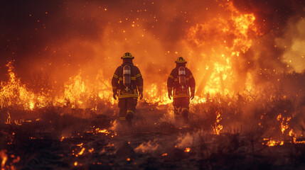 Silhouette of Firemen fighting a raging fire with huge flames of burning timber.