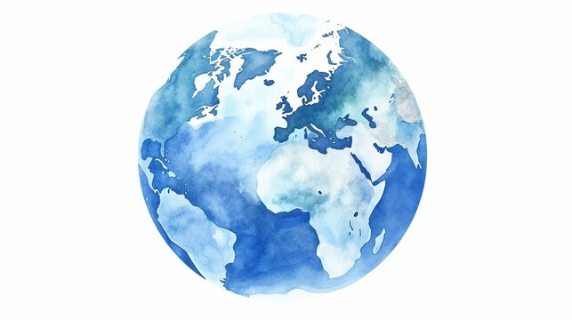 Watercolor blue planet earth in hand drawn style design isolated on white background.