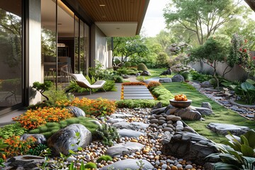 Modern house with spacious garden, lush with plants and trees