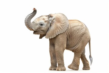 Animated young elephant in motion with its trunk pointed upwards, symbolizing curiosity or playfulness, isolated on white
