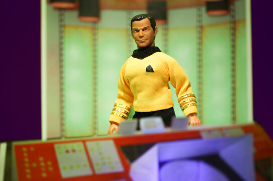 NEW YORK USA, JUL 5 2018: Recreation of a scene from the 1960s television science fiction show Star Trek, where Captain Kirk beams down to the planet surface - Diamond Select Mego Reissue figure