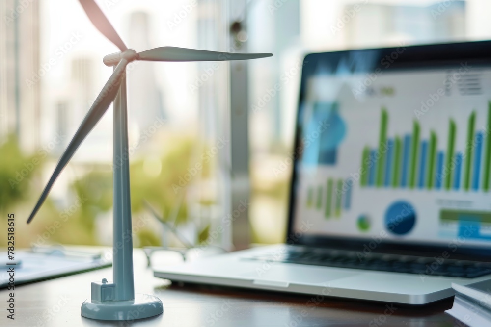 Poster Miniature wind turbine in focus in the foreground with a blurred laptop displaying graphs in the background