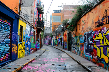 Fototapeta na wymiar Urban alley with colorful graffiti