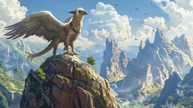 Majestic griffon with eagle-like features standing on a mountain edge overlooking a breathtaking landscape