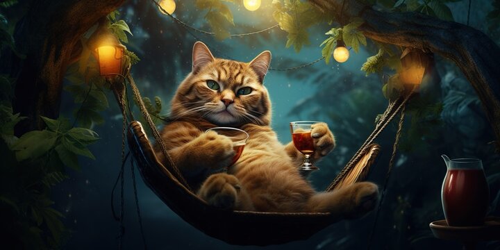 Cat sitting in hammock strung between two trees with a refreshing drink in hand, concept of Relaxation