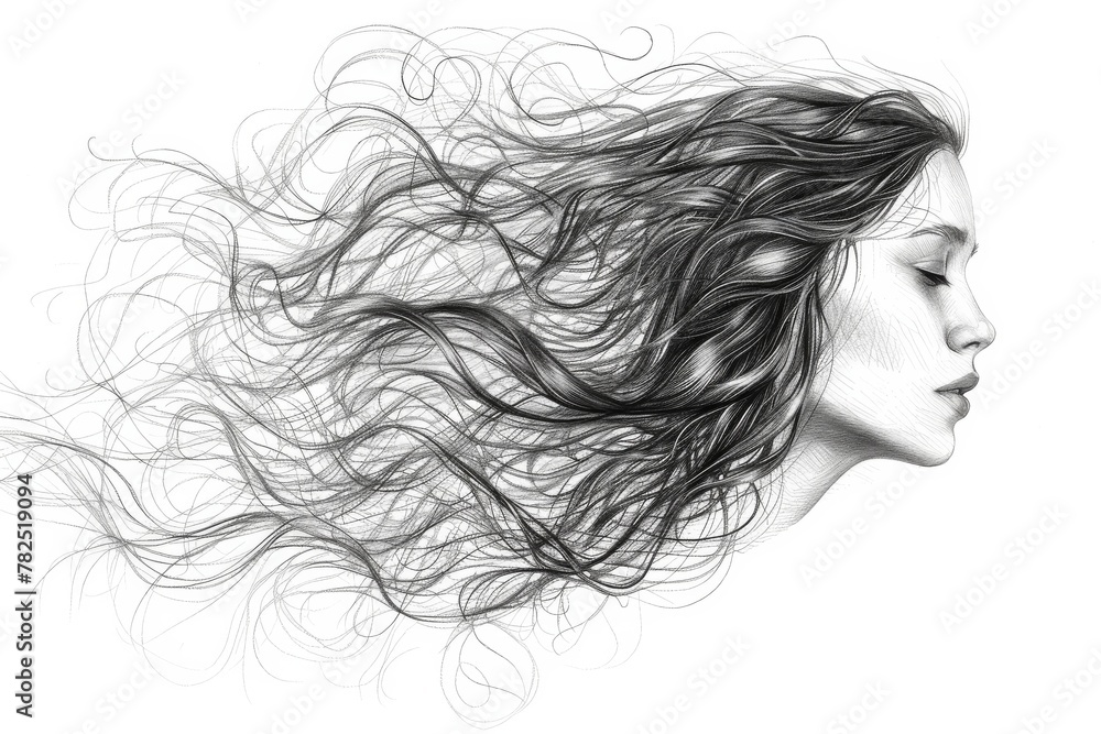 Poster this image captures a delicate and fluid sketch of hair flowing freely against a stark white backdro
