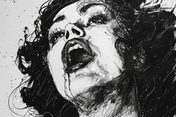The image portrays an expressive, abstract representation of a female figure using erratic ink splashes