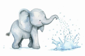 Obraz premium Charming watercolor of a baby elephant joyfully spraying water, capturing movement and innocence
