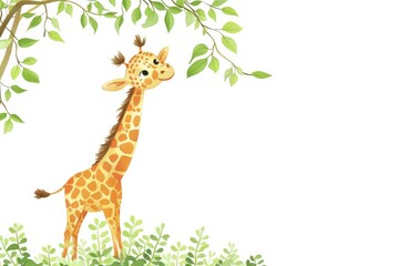 A delightful illustration of a young giraffe stretching upwards to nibble on sunlit leaves in a serene setting