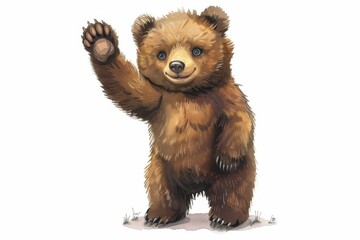 Artistic creation of a carefree bear raising its paw in a grassy field, suggesting a moment of playfulness and spontaneity