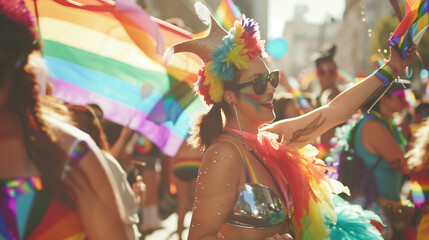 A colorful and exuberant parade showcasing LGBTQ+ individuals, allies, and supporters marching together with rainbow flags and vibrant costumes, celebrating unity and diversity