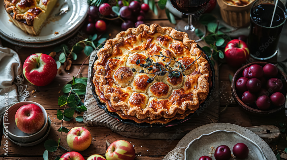 Poster a table with a large pie and a bunch of apples. the table is set for a meal with a variety of dishes