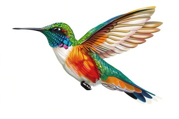 Fototapeta premium This artwork captures a brightly colored hummingbird with wings extended, conveying motion and liveliness
