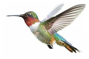 Fototapeta premium A stunning Hummingbird with iridescent plumage and wings outstretched mid-flight, isolated on white background for clear, versatile use