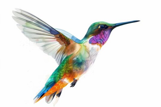 Gorgeous vibrant watercolor painting of a hummingbird in mid-flight, showcasing dynamic color and movement