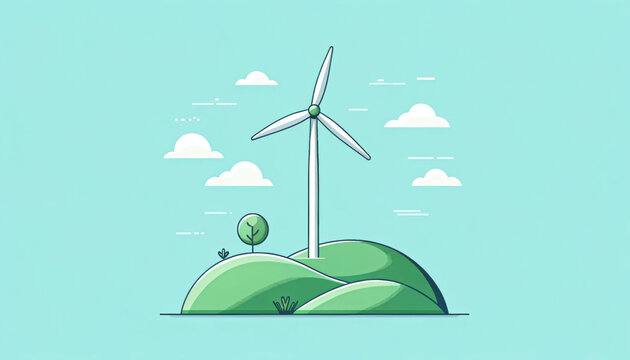 A minimalist illustration of a wind turbine on rolling green hills with clouds in the sky.
