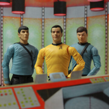 NEW YORK USA, JUL 5 2018: Recreation of a scene from the 1960s television science fiction show Star Trek, where Captain Kirk Doctor McCoy & Mr. Spock beam down to the planet surface - Art Asylum