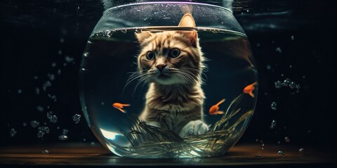 Cat with a fishbowl for head with live fish swimming inside, concept of Headwear