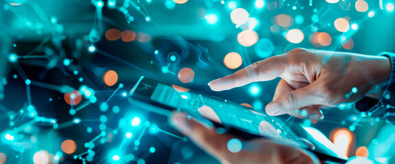 A close-up of a person’s hands using a smartphone, fingers tapping on the illuminated screen, with a dynamic bokeh effect of city lights in the background. Banner. Copy space