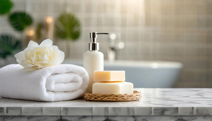 Fototapeta na wymiar Toiletries, soap, towel, white bathroom spa background.