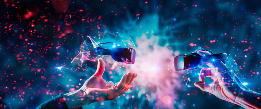 Hands manipulating virtual reality controllers with dynamic blue light connections, illustrating advanced interactive technology. Gamer is playing game. Artificial intelligence. Banner. Copy space