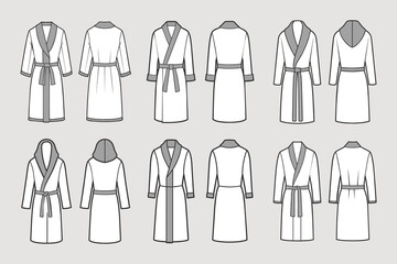 Set of bathrobes for men. Front and back views. Hand drawn illustration, sketch. Vector	